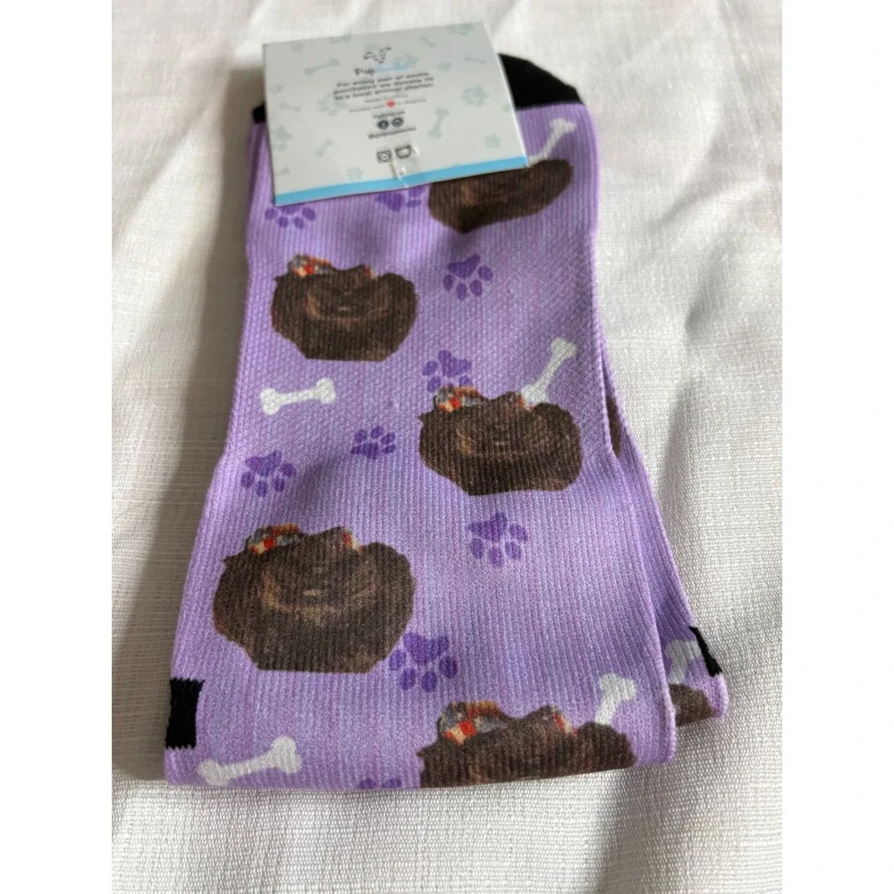 PupSocks Purple Dog Print Novelty Crew Socks Bones Paw Prints One Size